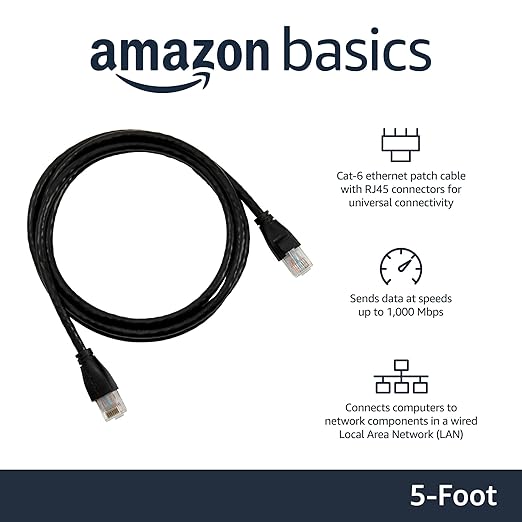Basics RJ45 Cat 6 Ethernet Patch Cable for PC, TV, Tablet, Router, Printer, 1Gpbs Transfer Speed, Gold-Plated Connectors, 5 Foot, Black