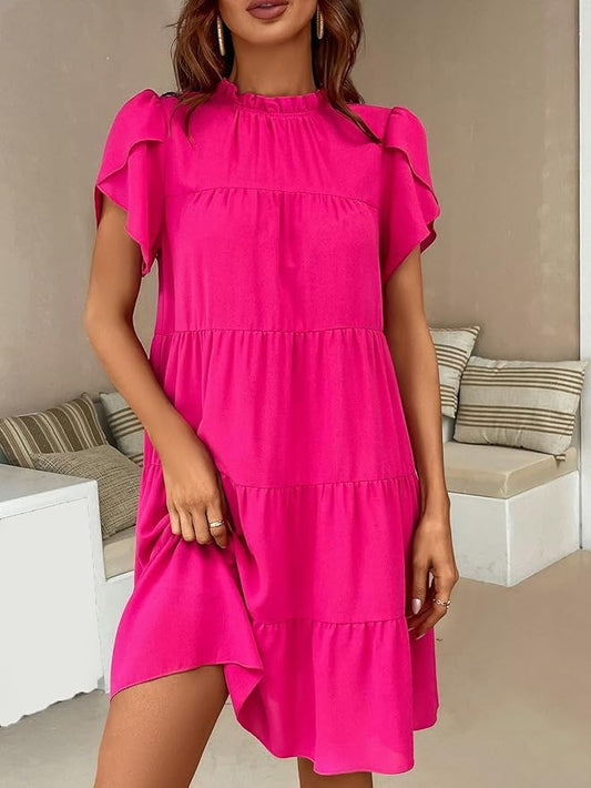 METOES Women's Summer Short Sleeve Short Dress Ruffle Hem Dress