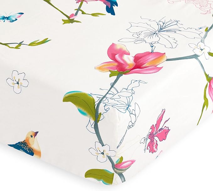 Wake In Cloud - Floral Bed Sheets, 100% Cotton, 4-Piece Sheet Set, Bird Patterned Printed Botanical Boho Flower Aesthetic Bedding, Deep Pocket, Pink Beige, King Size