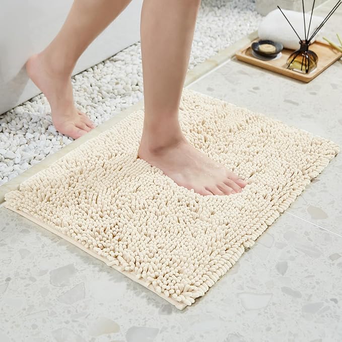 TECHMILLY Soft Fluffy Chenille Bathroom Rugs, Non Slip Absorbent Bath Mats for Bathroom, Washable and Quick Dry, Navy, 17" x 24"