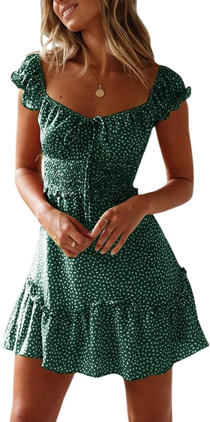 YOBECHO Womens Summer Ruffle Sleeve Sweetheart Neckline Printing Dress Mini Dresses
