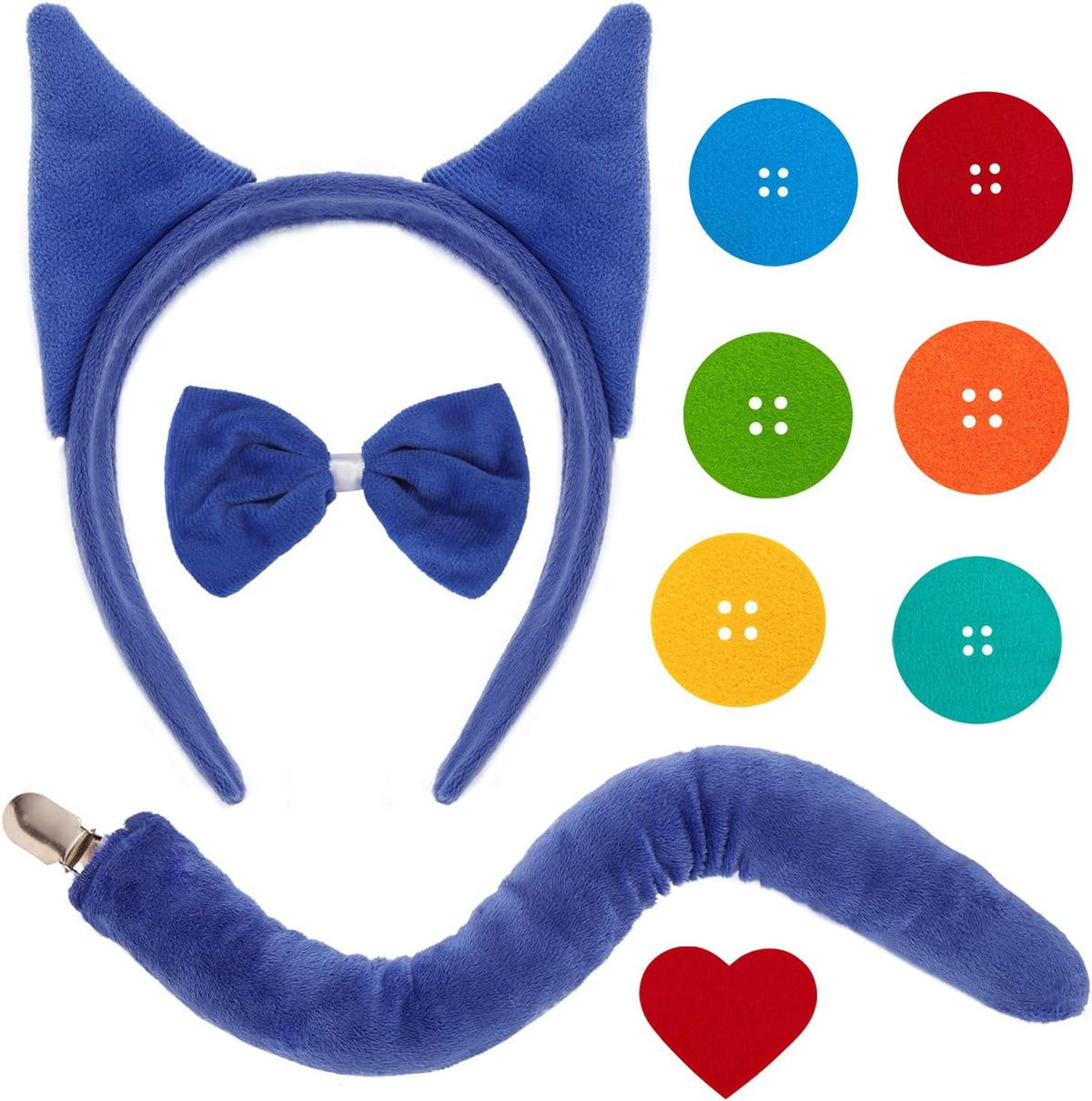 Blue Cat Ears Headband and Tail Bowtie with 6 Button Patches & 1 Heart Patch Felt Stickers Halloween Cat Costumes Set Cosplay Party Dress Up Accessories