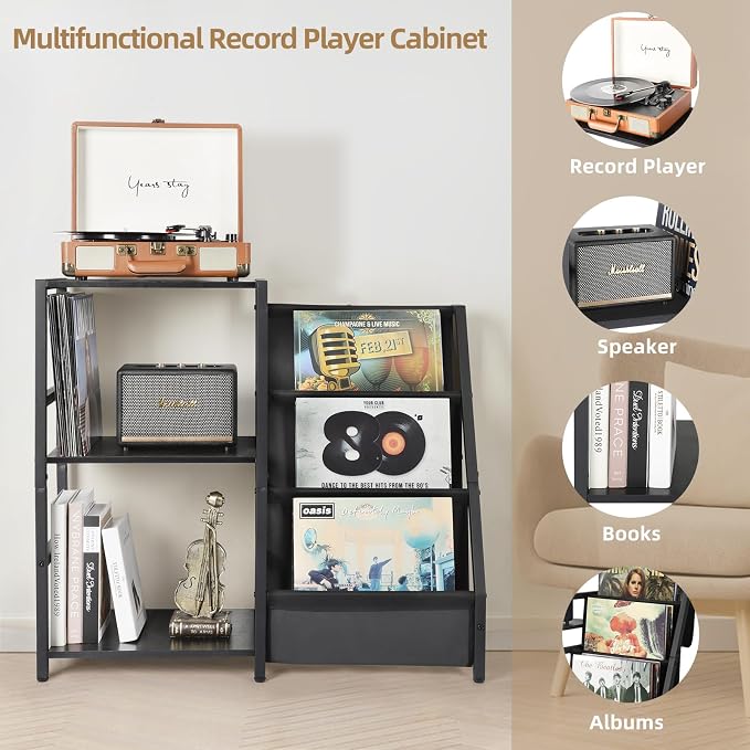 3-tier record player stand offers storage for 200 vinyl albums, turntable, and audio gear for vinyl enthusiasts.