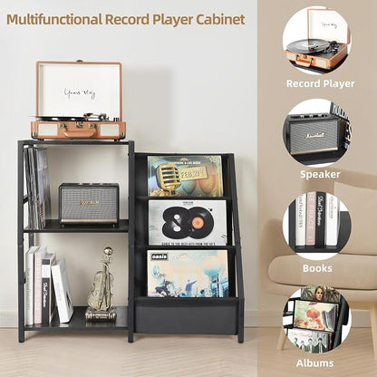 3-tier record player stand offers storage for 200 vinyl albums, turntable, and audio gear for vinyl enthusiasts.