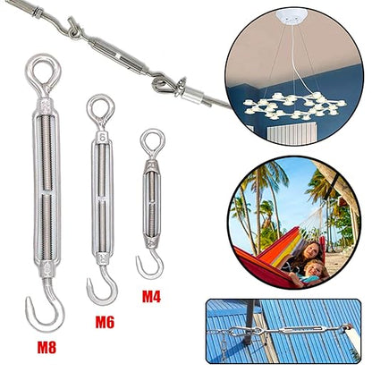 Turnbuckles Hook, Reedny 304 Stainless Steel Turnbuckle Heavy Duty M4 M6 M8 Hook and Eye Turnbuckle for Cables Wire Rope Tension 532" 14" 516" for Sun Shade Fence Tent Rope Installation(M4, 4Pcs)