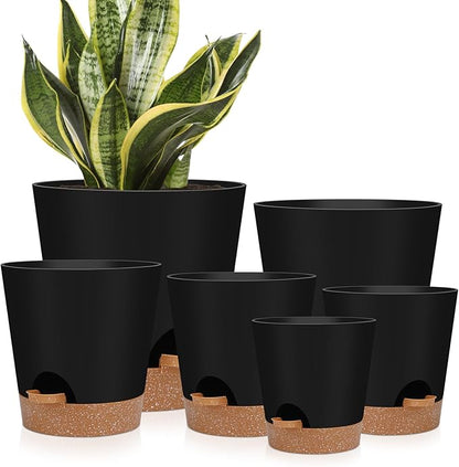 Indoor self-watering pots with drainage holes and saucers, 8, 7, 6.5, 6, 5.5, 5 inches, black color, 6 pots