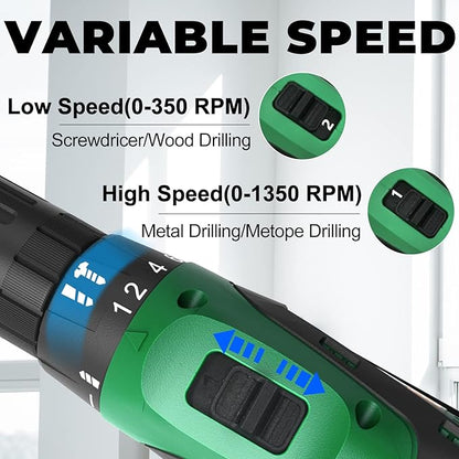 YIOU 20V MAX Cordless Drill, 181 Clutch, 2-Speed, 38" Chuck, 23PCS Drill Set, Battery Charger, Green, Home DIY Projects