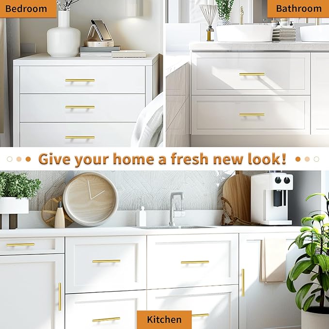 Probrico 10 Pack 4 Inch Center-to-Center Kitchen Cabinet Pulls T Bar Gold Cabinet Handles Modern Drawer Hardware Dresser Pulls, 6-45 Inch Total Length