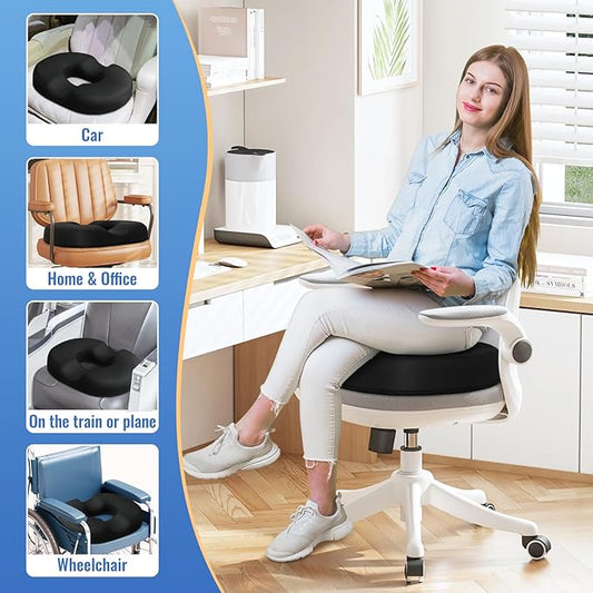 Donut Pillow Seat Cushion Chair Pad for Tailbone Pain Relief and Hemorrhoids, Memory Foam Seat Chair Cushion for Postpartum Pregnancy, Seat Cushions for Men and Women for Home  Office, (Black)