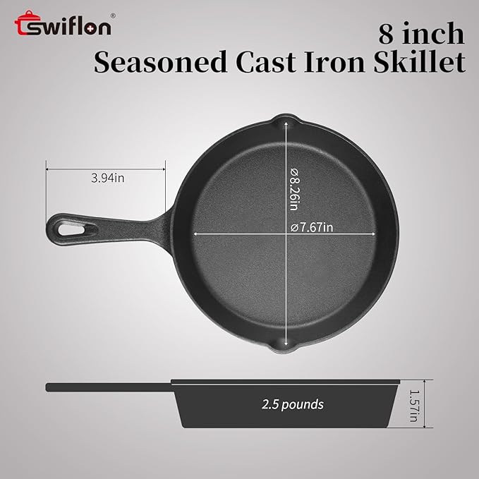 Cast Iron Skillets Non-Stick Frying Pans Griddle Egg Pan Round IndoorOutdoor,Stove, BBQ, Grill Cookware,8 Inch