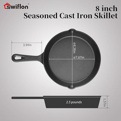 Cast Iron Skillets Non-Stick Frying Pans Griddle Egg Pan Round IndoorOutdoor,Stove, BBQ, Grill Cookware,8 Inch