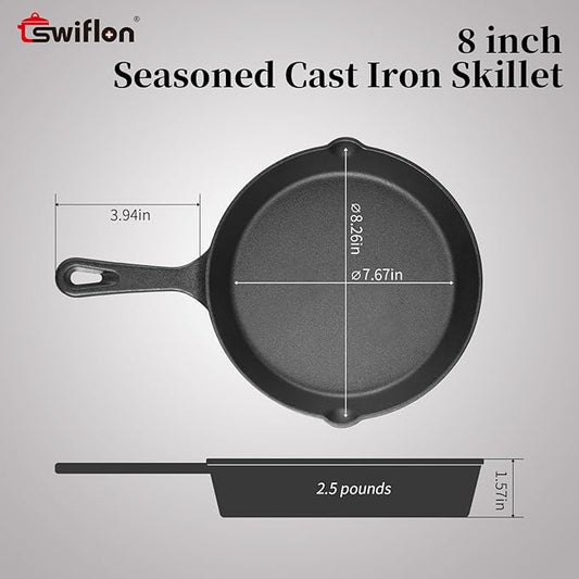 Cast Iron Skillets Non-Stick Frying Pans Griddle Egg Pan Round IndoorOutdoor,Stove, BBQ, Grill Cookware,8 Inch