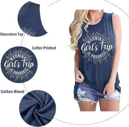 Women Vacation Tank Tops Summer Warning Girls Trip in Progress Shirts Letter Printed Graphic Sleeveless Tee