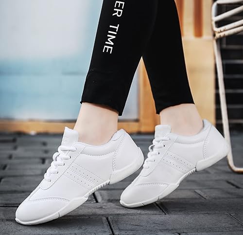 BAXINIER Youth Girls White Cheerleading Dancing Shoes Athletic Training Tennis Walking Breathable Competition Cheer Sneakers