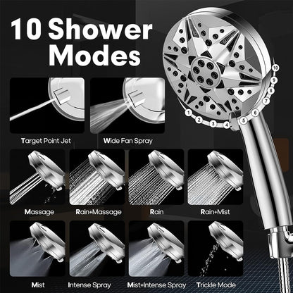 High Pressure Handheld Shower Head – 10 Spray Modes with Rain & Massage, Anti-Clog Nozzles, Power Rinse for Tile, Soap & Pets, Chrome Finish, Easy Installation