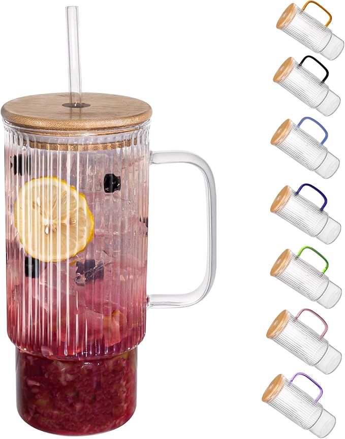 32oz Ribbed Glass Cup with Handle Bamboo Lid and Straw, Glass Tumbler, Iced Coffee Cups Hot/Cold Drinks