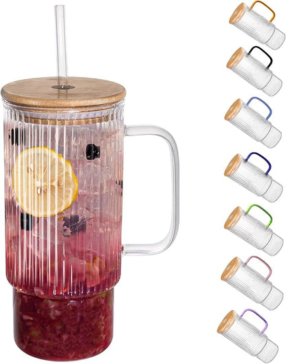 32oz Ribbed Glass Cup with Handle Bamboo Lid and Straw, Glass Tumbler, Iced Coffee Cups Hot/Cold Drinks