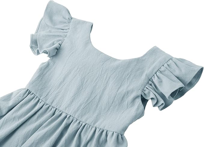 Toddler Baby Girl Cotton Linen Summer Dress Ruffle Sleeve Back Bowknot Kids Beach Dresses