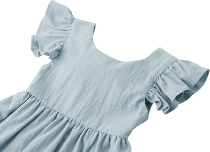 Toddler Baby Girl Cotton Linen Summer Dress Ruffle Sleeve Back Bowknot Kids Beach Dresses