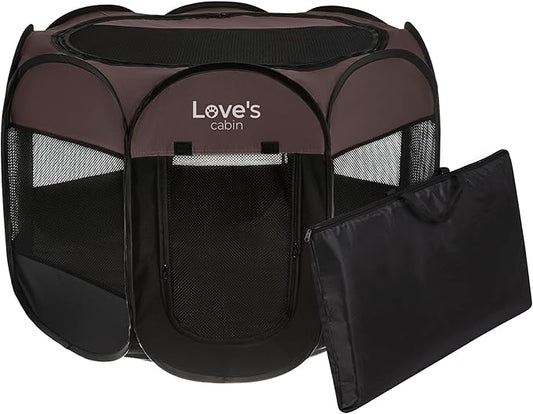 Love's cabin - Pet playpen, for indoor and outdoor, portable playpen for dogs and cats, foldable playpen with carrying case, S, coffee
