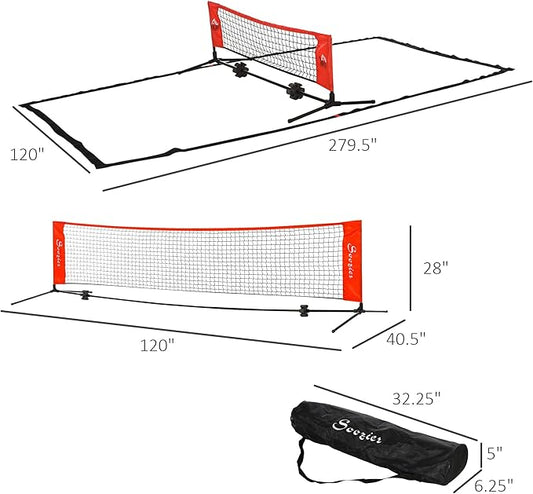 Soozier 10ft Portable Soccer TennisPickleballBadmintonMini Tennis Net wSideline for Training with Included Storage Bag, Red