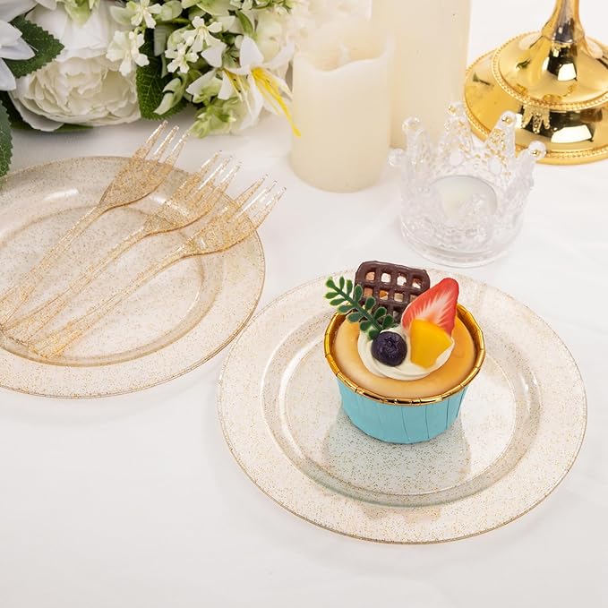 WELLIFE 60PCS Gold Glitter Dessert Plates and 60PCS Plastic Forks, 6.3 inch Disposable Dessert Plates for 60 Guests, Durable Gold Glitter Cake Plate, Perfect for Party