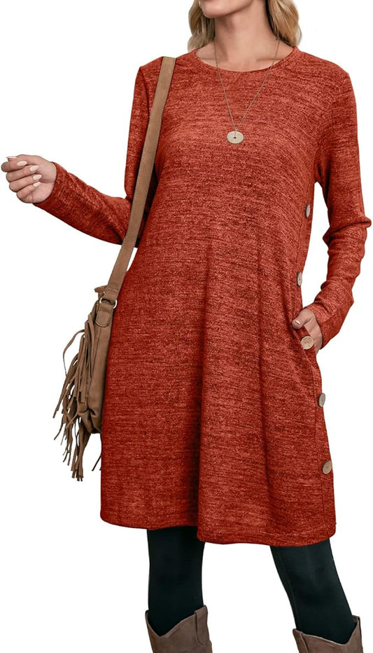 OFEEFAN Womens Long Sleeve Tunic Dres Fall Outfits with Pockets Buttons