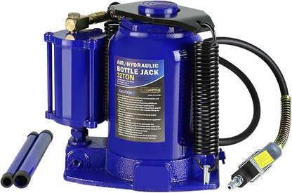 HomVent Pneumatic Air Hydraulic Bottle Jack, 32 Ton Car Bottle Jack Hydraulic with 10.4-16.3 Inch Lifting Range and 2-Section Long Handle for Car, Pickup Truck, Truck, RV, Auto Repair (Blue, 32 Ton)