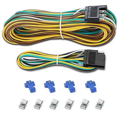 25Ft 4 Pin Trailer Wiring Harness Extension Kit, 4-Way Flat Plug, 5-Wire Male & 4-Wire Female Connector with 18 Gauge White Ground Wire