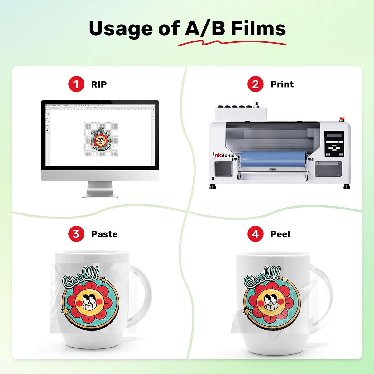 InkSonic UV DTF AB Film Roll A3 11.8in×328ft for UV DTF Sticker Printer UV DTF Printer Direct Print on Sticker, AB Film PET Transfer Printing Crystal Label Sticker (1*100M A Films + 1*100M B Films)