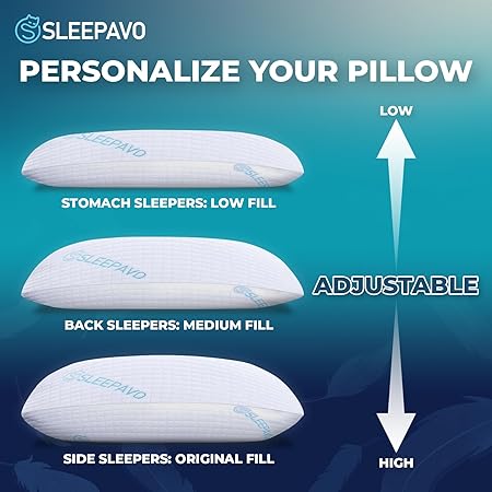 Adjustable Shredded Memory Foam Pillow Queen Size - Soft or Firm Rayon Derived from Bamboo Pillow for Side Sleeper, Stomach  Back - Cold Cooling Gel Bed Pillow for Sleeping Premium Comfortable Pillow