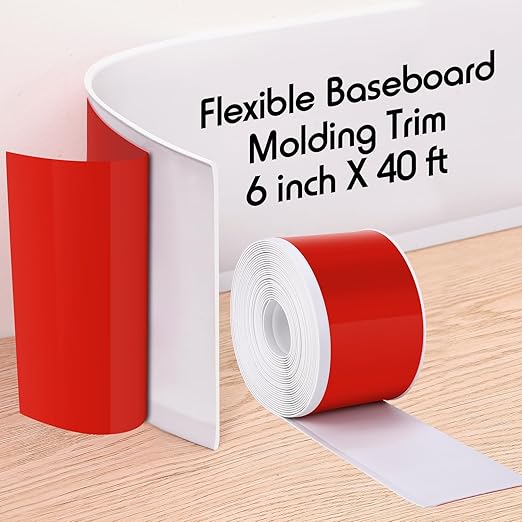 Frienda 6 Inch x 40 ft Flexible Baseboard Molding Trim Peel and Stick Vinyl Wall Base Cove Base Self Adhesive Rubber Vinyl Wall Base, White