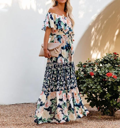 Womens Off Shoulder Boho Floral Maxi Dress 2025 Belted Cinched Waist A-line Dresses Summer Vacation Beach Outfits for Women