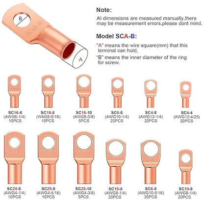 Weewooday 170Pcs Copper Battery Cable Ends 12 Sizes Battery Terminal Connectors Copper Lug Ring Terminal Wire Lugs Kit for AWG4, AWG6, AWG8, AWG10, AWG12
