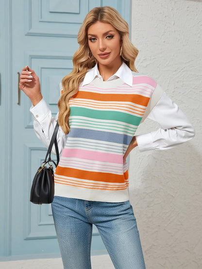 FireSwan Womens Cap Sleeve Sweater Vest Striped Color Block Loose Tank Tops Trendy Vacation Outfits Cute Summer Spring Top