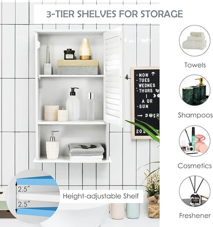 Tangkula Medicine Cabinet, Wall Mounted Bathroom Cabinet Single Door Wooden Bathroom Wall Cabinet with Adjustable Shelf