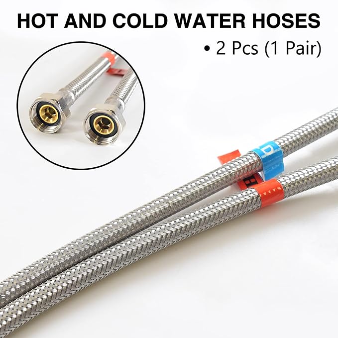Bathroom Faucet Supply Lines Connector Stainless Steel Braided Supply Hose M10 Compressor Connector and 38-Inch Female Compression Thread x M10 Male Connector, 24-Inch x 2 Pcs (1 Pair)