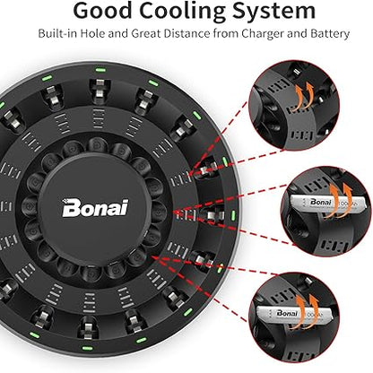 BONAI AA AAA Rechargeable Battery Charger for NiMH NiCD Batteries with AC High-Speed Plug Cable and Smart LED Light