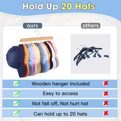 2 Pack Hat Hangers for Closet, 14 Hook Cap Organizer, Wood No Assembly, Double-Sided Hooks, Rotates 360°, Hardwood And Stainless Steel, For Caps, Belts, Ties, And Scarves