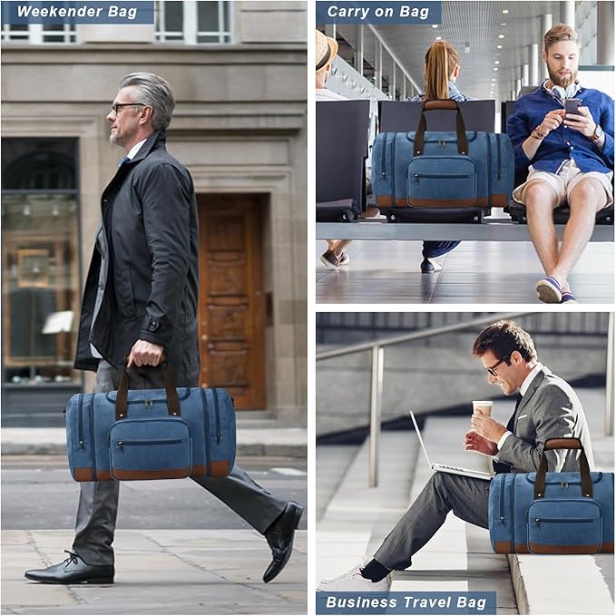 Litvyak Duffle Bag for Travel, 50L Canvas Travel Duffel Bags Overnight Weekend Gym Carry On Luggage Bag for Men & Womenn(Blue)