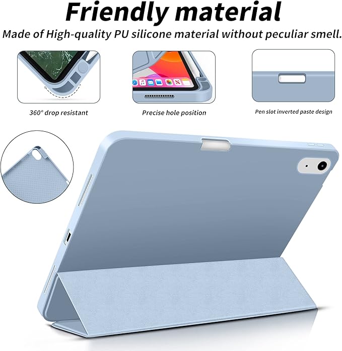 Aoub Case for iPad Air 11-inch M3/M2 (2025/2024), iPad Air 5th/4th Generation (2022/2020) 10.9-inch with Pencil Holder, Trifold Stand with Soft TPU Back Cover, Auto Sleep/Wake, Sky Blue