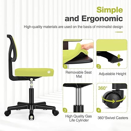 Armless Ergonomic Home Office Chair wLumbar Support, Low Back Rolling Swivel Chair with Adjustable Height - Yellow