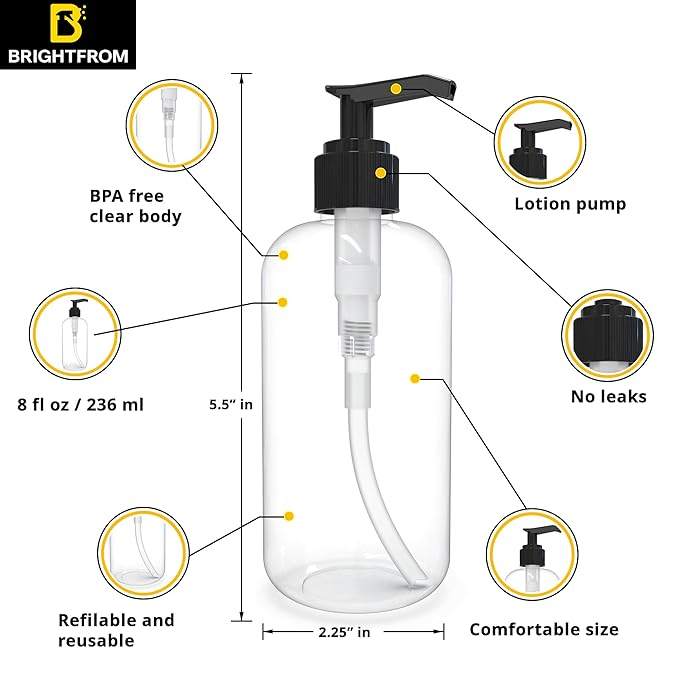 BRIGHTFROM Empty Lotion Pump Bottles 8 Oz, Refillable Plastic Containers, BPA-Free PETE1, Clear, Great for - Soap, Shampoo, Lotions, Liquid Body Soap, Creams and Massage Oil's (Pack of 2, Black)