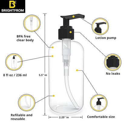 BRIGHTFROM Empty Lotion Pump Bottles 8 Oz, Refillable Plastic Containers, BPA-Free PETE1, Clear, Great for - Soap, Shampoo, Lotions, Liquid Body Soap, Creams and Massage Oil's (Pack of 2, Black)