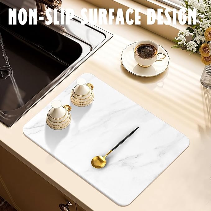 Stone Dish Drying Mats for Kitchen Counter, Ultra Absorbent, Fast Dry, Non-Slip, Heat Resistant, Eco-Friendly Diatomaceous Earth Mat for Baby Bottles, Dishes, and More(16x12 inch, Whtie Marble)