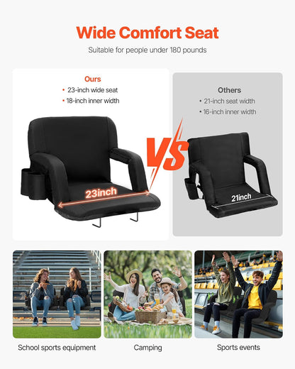 VEVOR Stadium Seat with Back Support, Wide Bleacher Seat Back, Folding Portable Padded Reclining Chair with Hook Pocket Cupholder, Ideal for Sport Event Beach Camping Concert