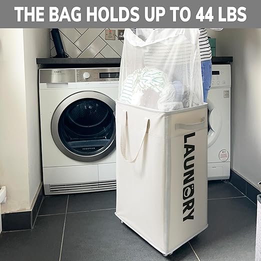 Goodpick Laundry Hamper with Wheels, 75L Collapsible Laundry Basket, Clothes Laundry Basket with Removable Wash Bag for Bedroom, Large Laundry Basket with Handle, White