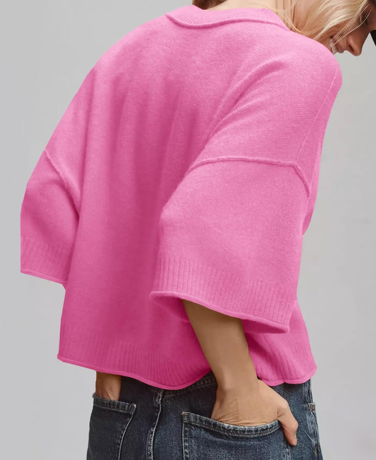 Women's Oversized Sweaters Summer 3/4 Sleeve Casual Cropped Tops Lightweight Loose Fit Knit Pullover
