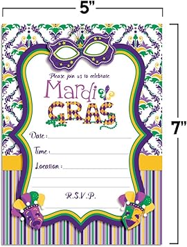 Amanda Creation Mardi Gras Masks Fill In Party Invitations, set of 20 including envelopes
