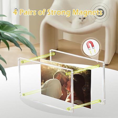 4x6 Magnetic Acrylic Picture Frame with Base, Both Horizontal Vertical or Slant Back Display, Double Sided Clear Photo Frame, Frameless Lucite Frames